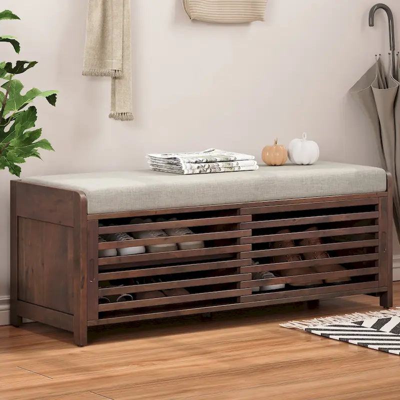 Banc de rangement style persiennes, blanc délavé / expresso / bleu marine / gris / blanc, 1 place