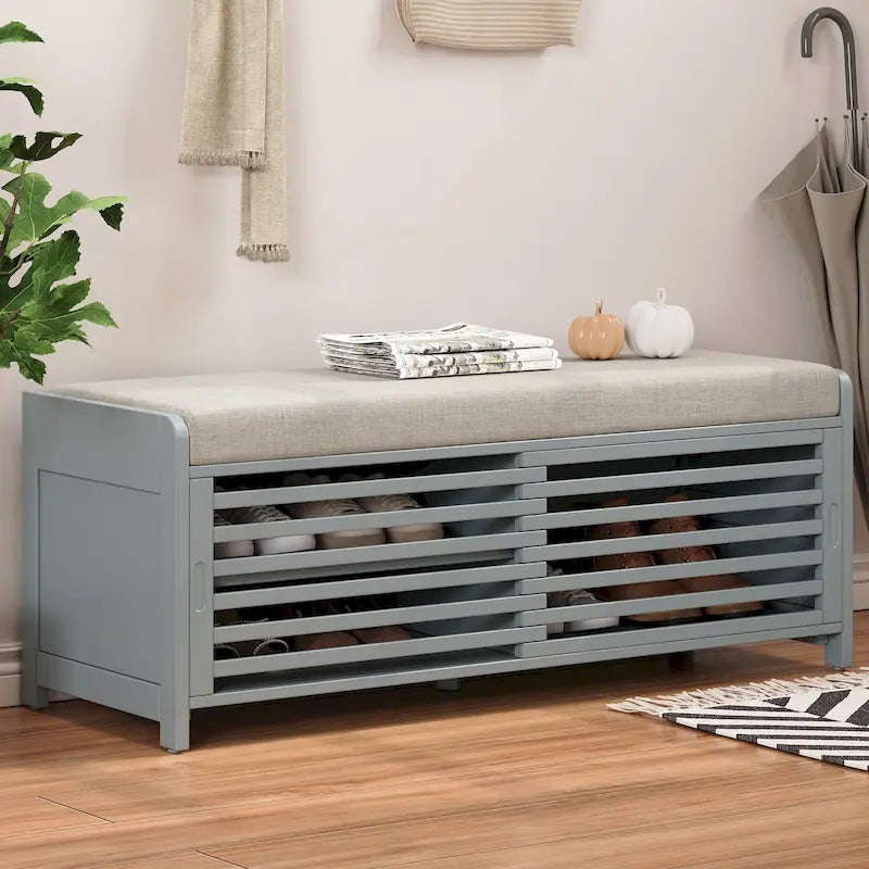 Banc de rangement style persiennes, blanc délavé / expresso / bleu marine / gris / blanc, 1 place