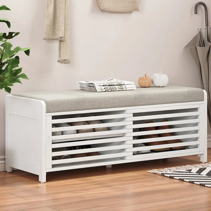Banc de rangement style persiennes, blanc délavé / expresso / bleu marine / gris / blanc, 1 place