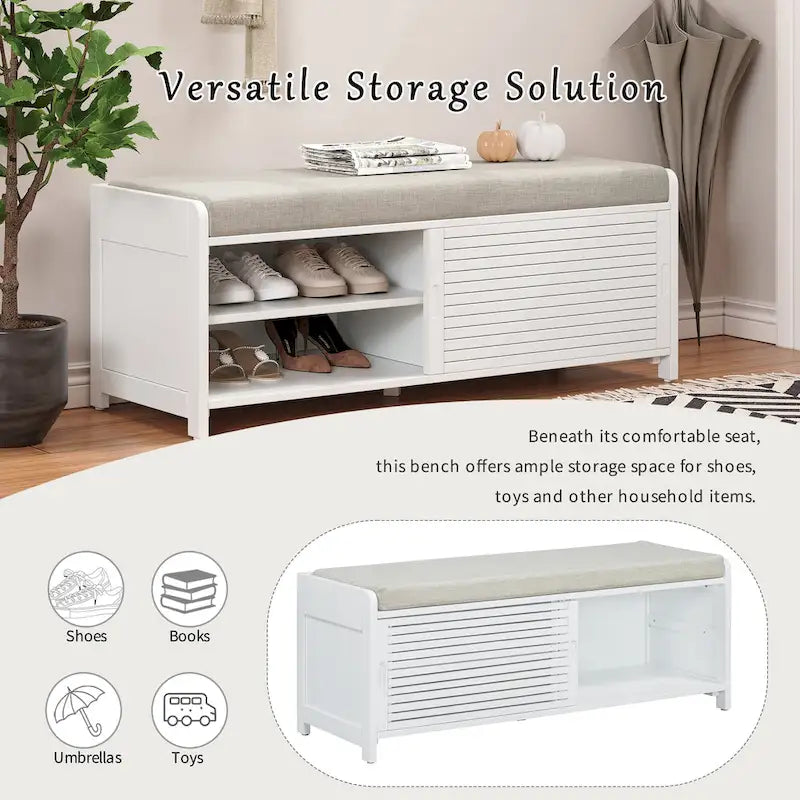 Banc de rangement style persiennes, blanc délavé / expresso / bleu marine / gris / blanc, 1 place