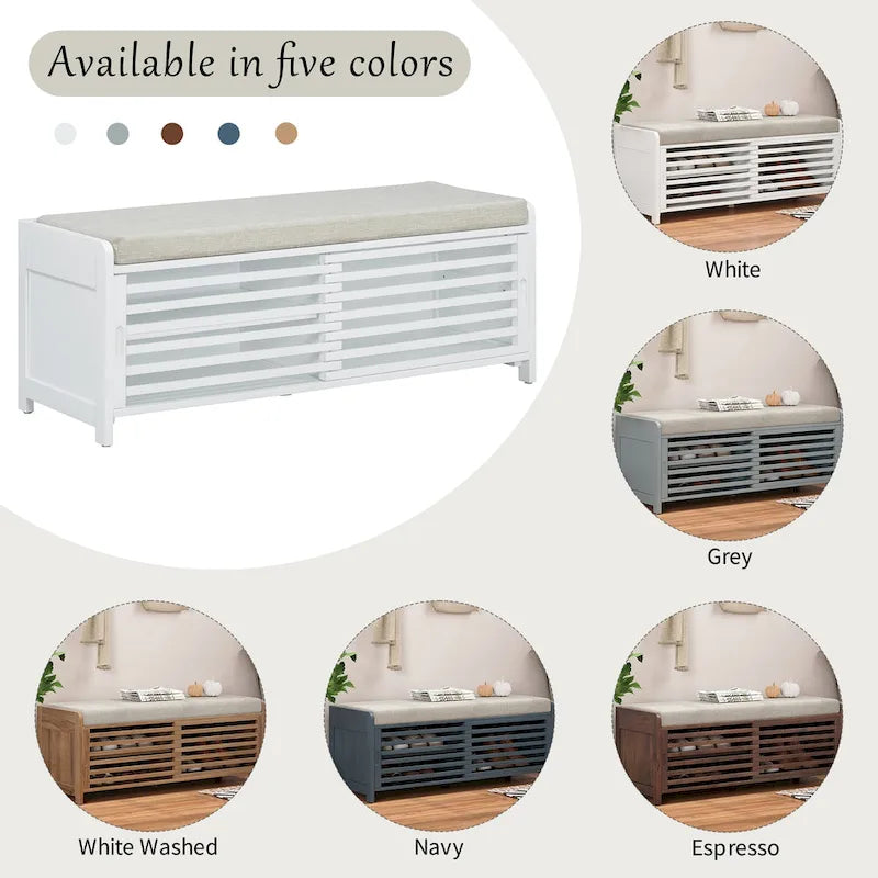 Banc de rangement style persiennes, blanc délavé / expresso / bleu marine / gris / blanc, 1 place