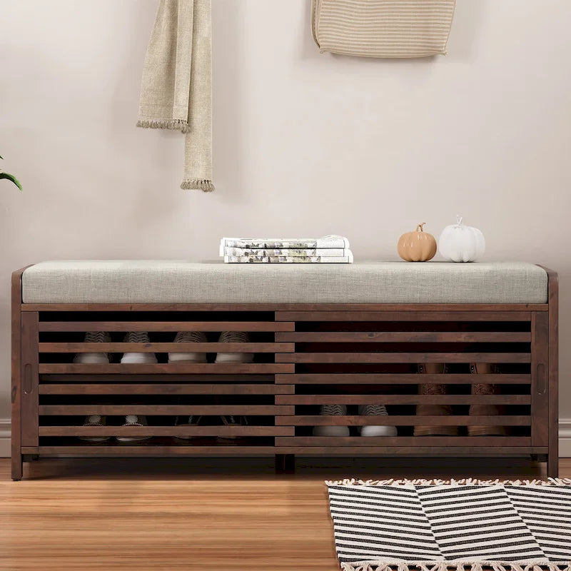 Banc de rangement style persiennes, blanc délavé / expresso / bleu marine / gris / blanc, 1 place