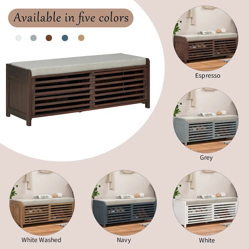 Banc de rangement style persiennes, blanc délavé / expresso / bleu marine / gris / blanc, 1 place