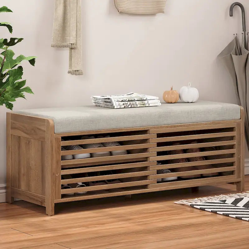 Banc de rangement style persiennes, blanc délavé / expresso / bleu marine / gris / blanc, 1 place