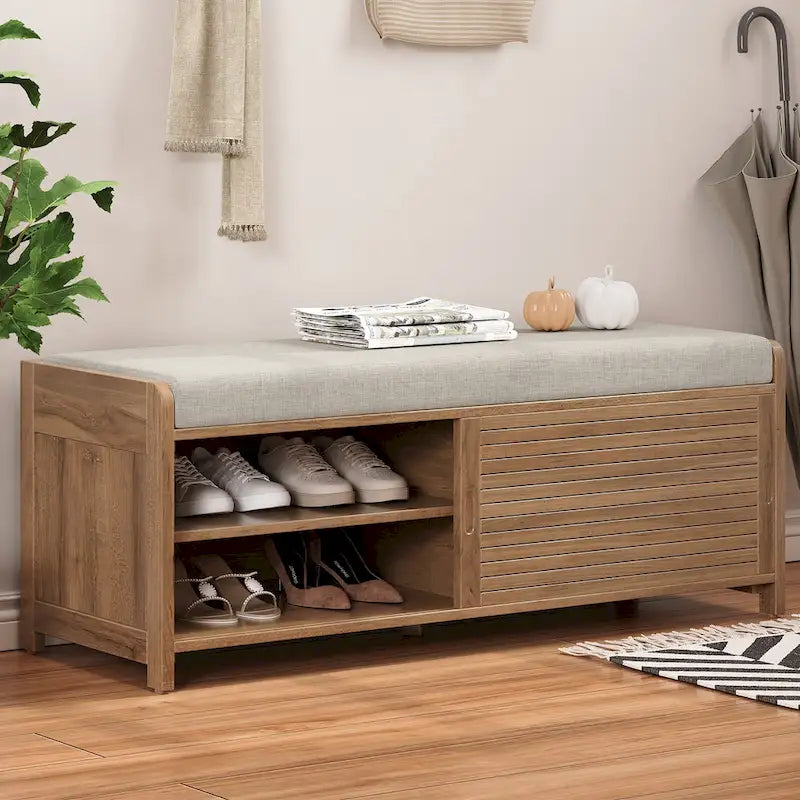 Banc de rangement style persiennes, blanc délavé / expresso / bleu marine / gris / blanc, 1 place
