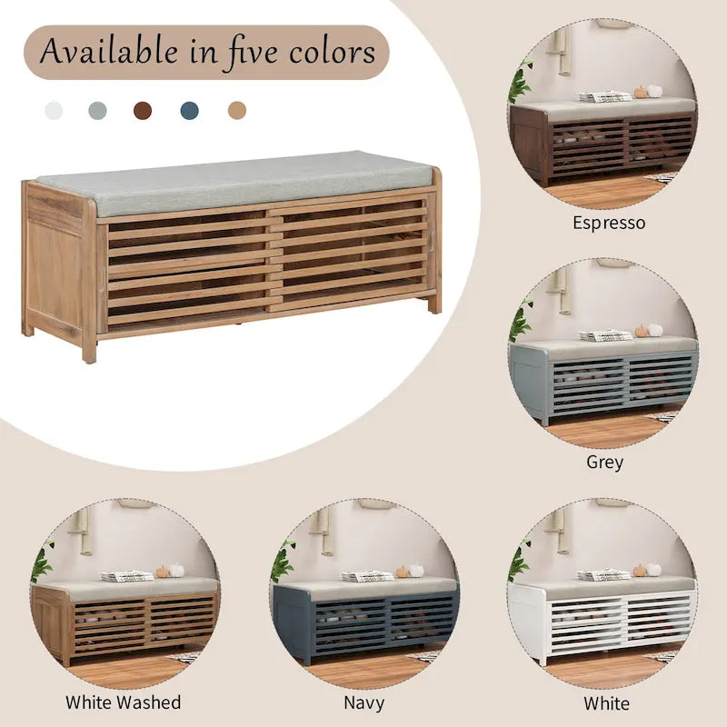 Banc de rangement style persiennes, blanc délavé / expresso / bleu marine / gris / blanc, 1 place