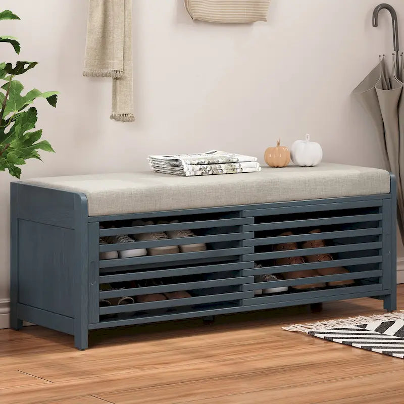Banc de rangement style persiennes, blanc délavé / expresso / bleu marine / gris / blanc, 1 place