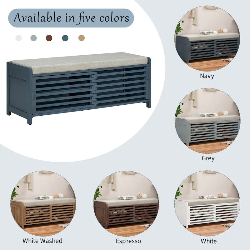 Banc de rangement style persiennes, blanc délavé / expresso / bleu marine / gris / blanc, 1 place