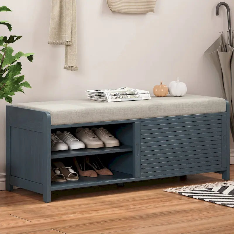 Banc de rangement style persiennes, blanc délavé / expresso / bleu marine / gris / blanc, 1 place