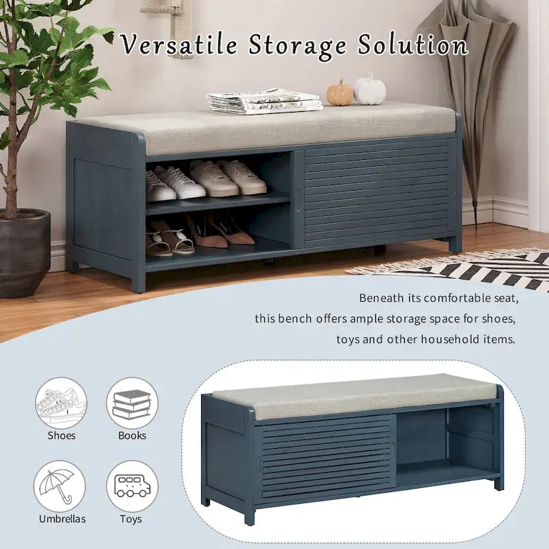 Banc de rangement style persiennes, blanc délavé / expresso / bleu marine / gris / blanc, 1 place