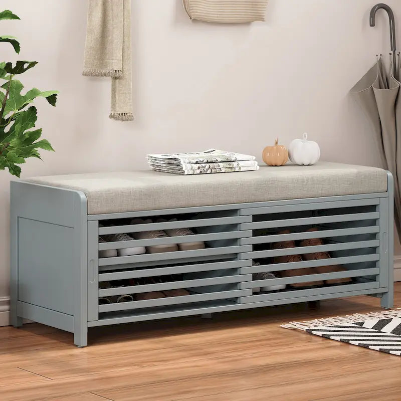 Banc de rangement style persiennes, blanc délavé / expresso / bleu marine / gris / blanc, 1 place