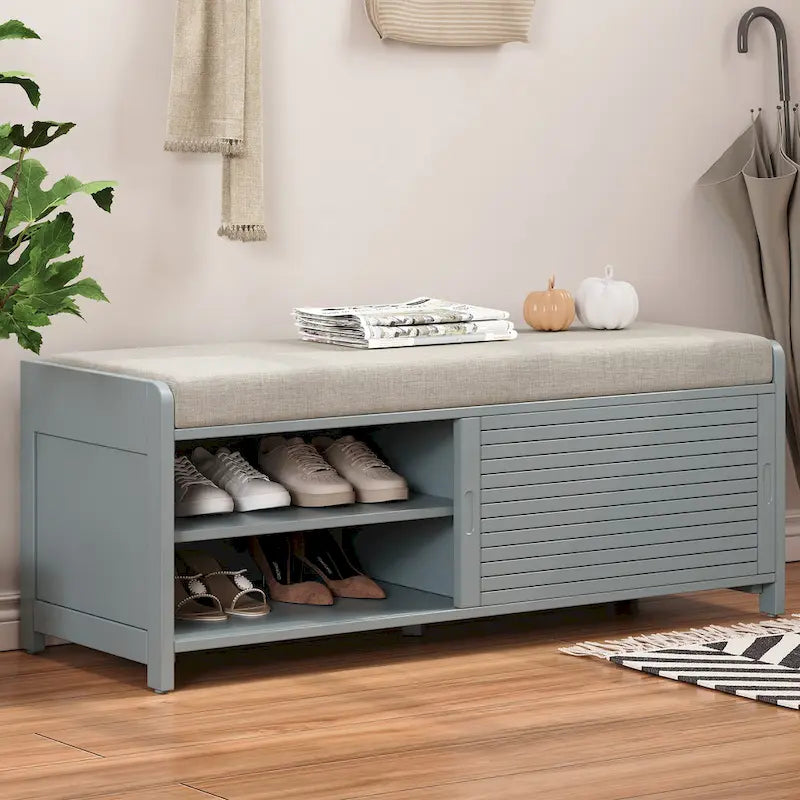 Banc de rangement style persiennes, blanc délavé / expresso / bleu marine / gris / blanc, 1 place
