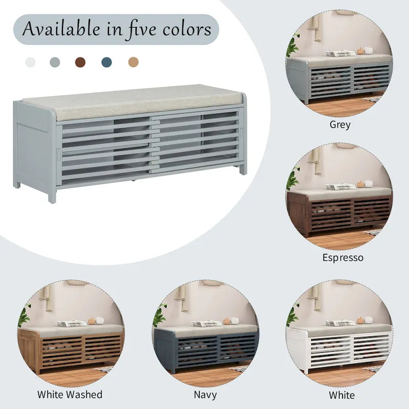 Banc de rangement style persiennes, blanc délavé / expresso / bleu marine / gris / blanc, 1 place