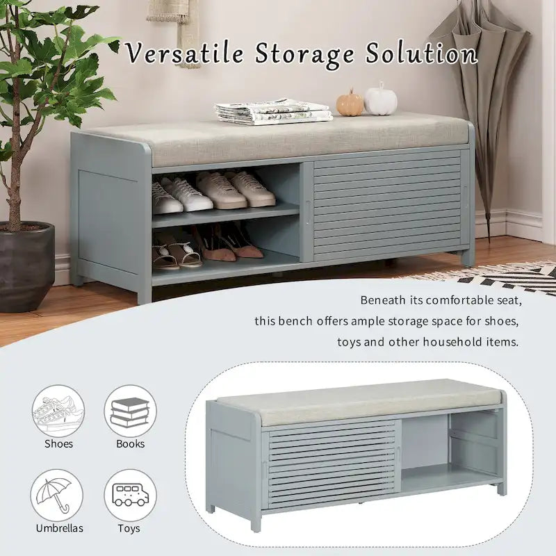 Banc de rangement style persiennes, blanc délavé / expresso / bleu marine / gris / blanc, 1 place