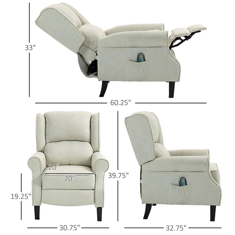 Fauteuil de relaxation massant avec fonction chauffante et repose-pieds, blanc, lin, 1 place
