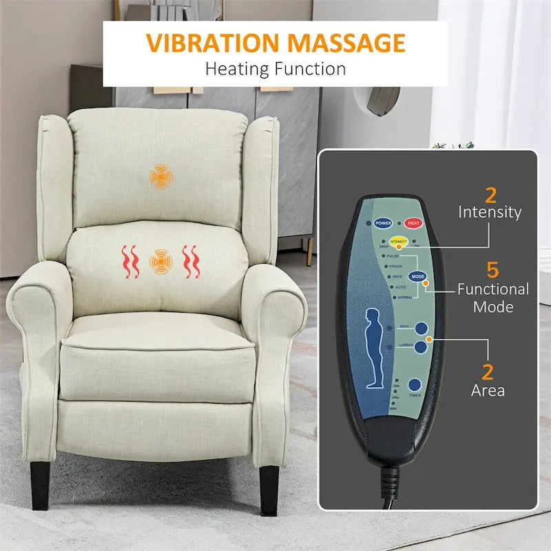 Fauteuil de relaxation massant avec fonction chauffante et repose-pieds, blanc, lin, 1 place
