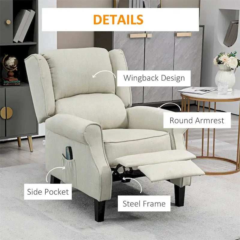 Fauteuil de relaxation massant avec fonction chauffante et repose-pieds, blanc, lin, 1 place