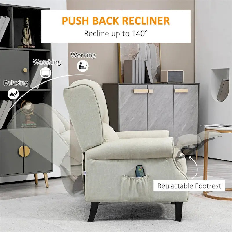 Fauteuil de relaxation massant avec fonction chauffante et repose-pieds, blanc, lin, 1 place