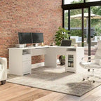 Bureau d'angle en L de 183 cm avec meuble de rangement, tiroir classeur et porte en verre, plusieurs couleurs, style transitionnel, 1 personne