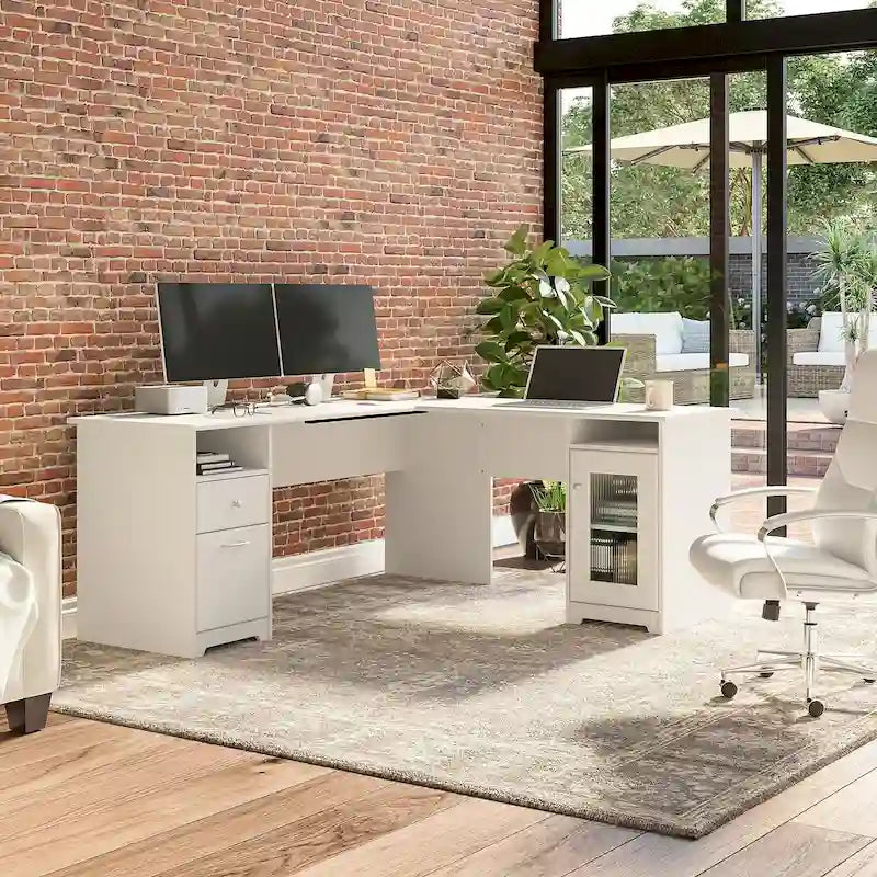 Bureau d'angle en L de 183 cm avec meuble de rangement, tiroir classeur et porte en verre, plusieurs couleurs, style transitionnel, 1 personne