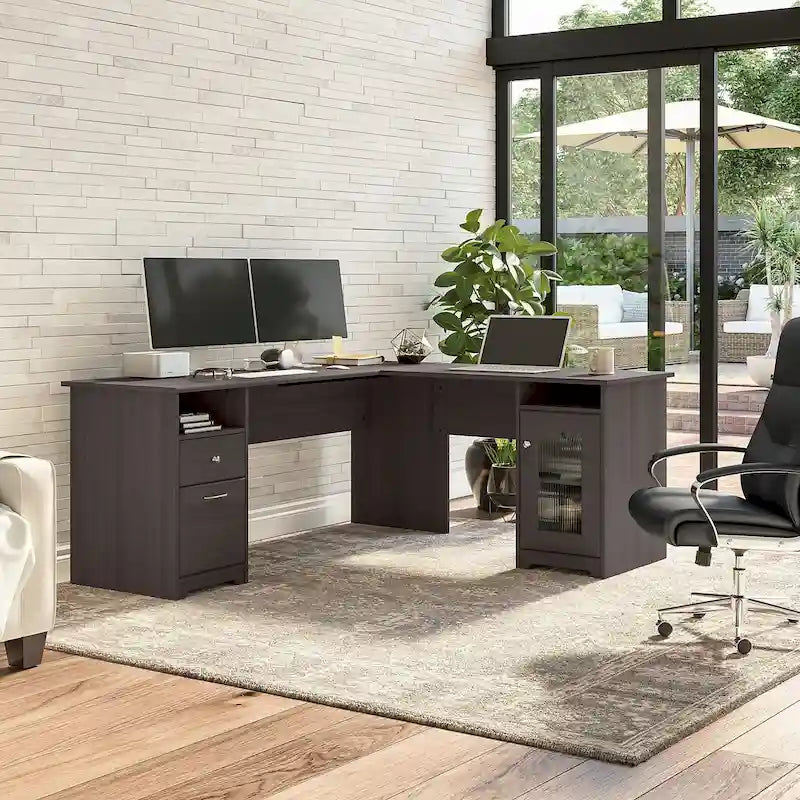 Bureau d'angle en L de 183 cm avec meuble de rangement, tiroir classeur et porte en verre, plusieurs couleurs, style transitionnel, 1 personne