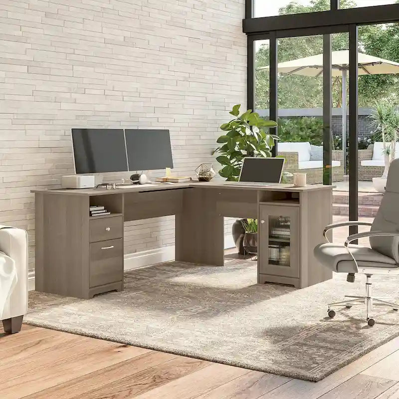 Bureau d'angle en L de 183 cm avec meuble de rangement, tiroir classeur et porte en verre, plusieurs couleurs, style transitionnel, 1 personne