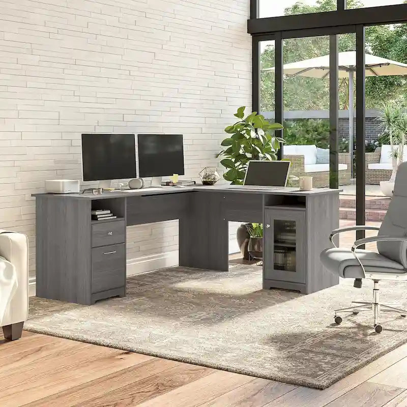 Bureau d'angle en L de 183 cm avec meuble de rangement, tiroir classeur et porte en verre, plusieurs couleurs, style transitionnel, 1 personne