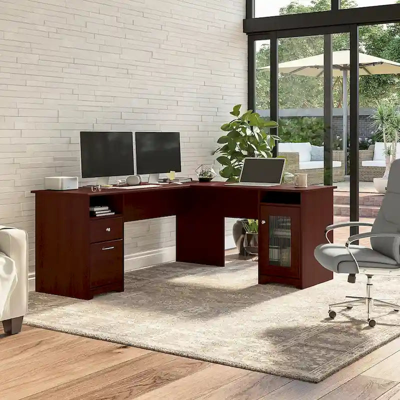 Bureau d'angle en L de 183 cm avec meuble de rangement, tiroir classeur et porte en verre, plusieurs couleurs, style transitionnel, 1 personne