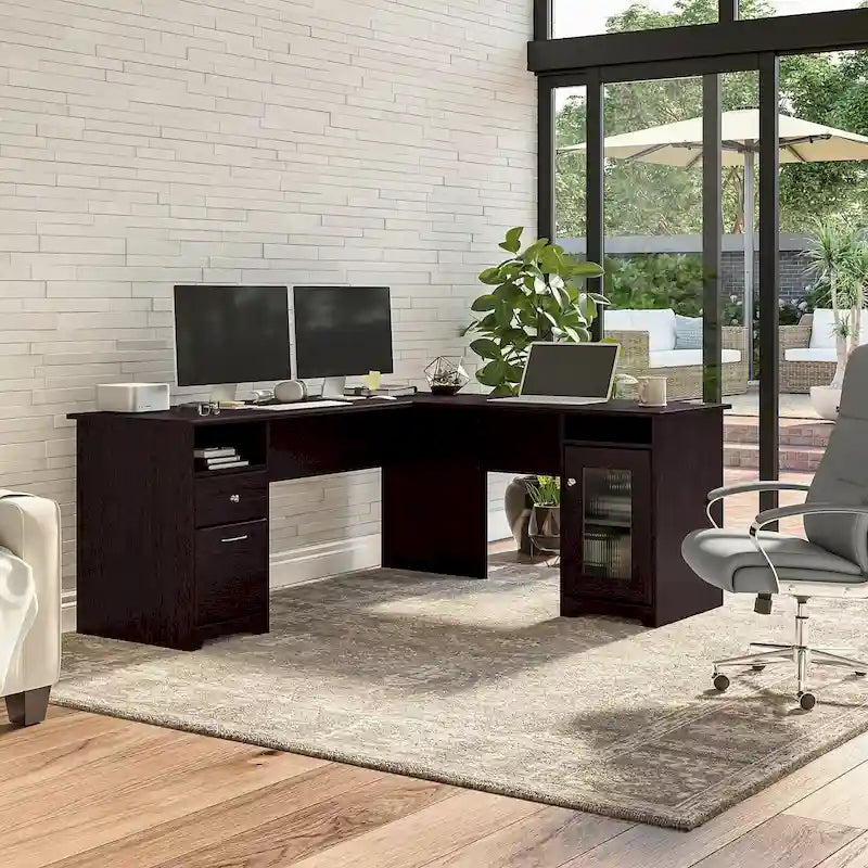Bureau d'angle en L de 183 cm avec meuble de rangement, tiroir classeur et porte en verre, plusieurs couleurs, style transitionnel, 1 personne