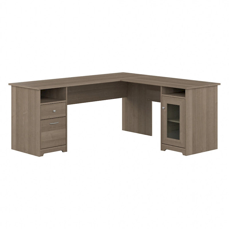 Bureau d'angle en L de 183 cm avec meuble de rangement, tiroir classeur et porte en verre, plusieurs couleurs, style transitionnel, 1 personne