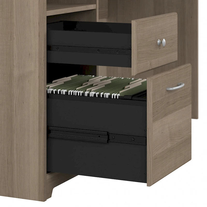 Bureau d'angle en L de 183 cm avec meuble de rangement, tiroir classeur et porte en verre, plusieurs couleurs, style transitionnel, 1 personne
