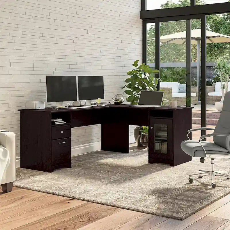 Bureau d'angle en L de 183 cm avec meuble de rangement, tiroir classeur et porte en verre, plusieurs couleurs, style transitionnel, 1 personne