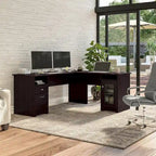 Bureau d'angle en L de 183 cm avec meuble de rangement, tiroir classeur et porte en verre, plusieurs couleurs, style transitionnel, 1 personne