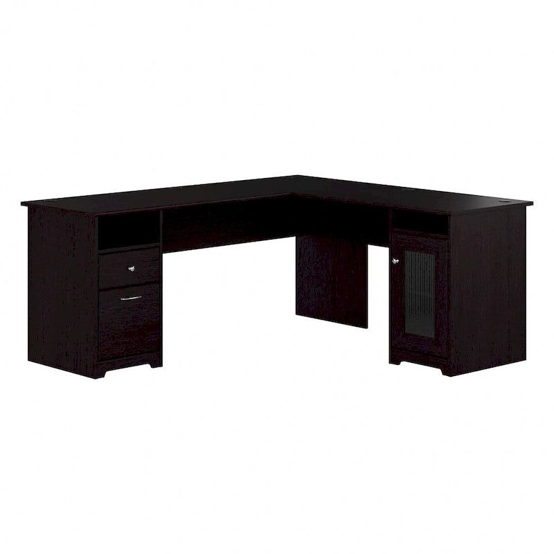 Bureau d'angle en L de 183 cm avec meuble de rangement, tiroir classeur et porte en verre, plusieurs couleurs, style transitionnel, 1 personne