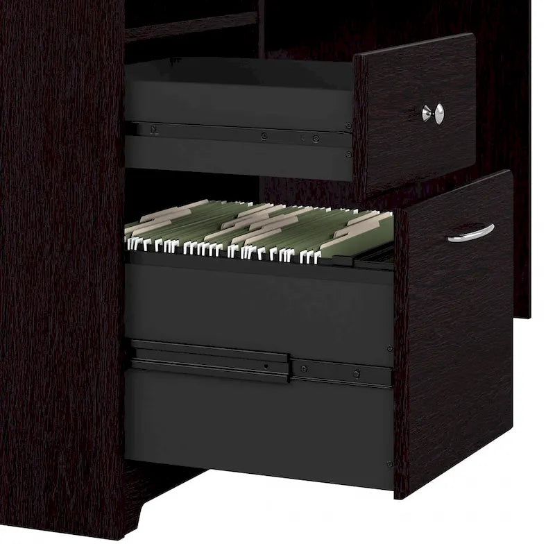 Bureau d'angle en L de 183 cm avec meuble de rangement, tiroir classeur et porte en verre, plusieurs couleurs, style transitionnel, 1 personne
