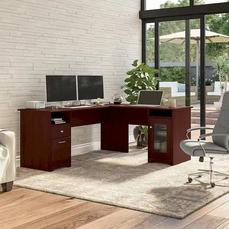 Bureau d'angle en L de 183 cm avec meuble de rangement, tiroir classeur et porte en verre, plusieurs couleurs, style transitionnel, 1 personne