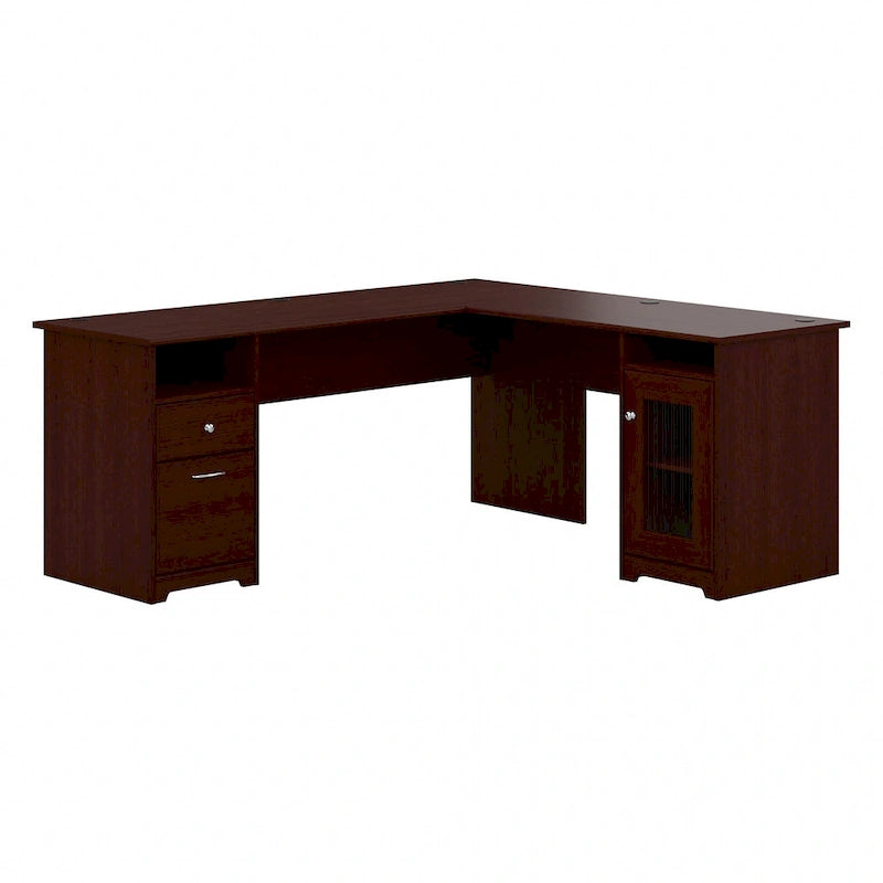Bureau d'angle en L de 183 cm avec meuble de rangement, tiroir classeur et porte en verre, plusieurs couleurs, style transitionnel, 1 personne