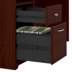 Bureau d'angle en L de 183 cm avec meuble de rangement, tiroir classeur et porte en verre, plusieurs couleurs, style transitionnel, 1 personne