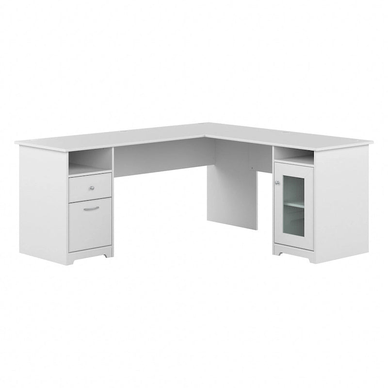 Bureau d'angle en L de 183 cm avec meuble de rangement, tiroir classeur et porte en verre, plusieurs couleurs, style transitionnel, 1 personne