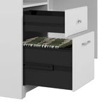 Bureau d'angle en L de 183 cm avec meuble de rangement, tiroir classeur et porte en verre, plusieurs couleurs, style transitionnel, 1 personne