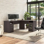 Bureau d'angle en L de 183 cm avec meuble de rangement, tiroir classeur et porte en verre, plusieurs couleurs, style transitionnel, 1 personne
