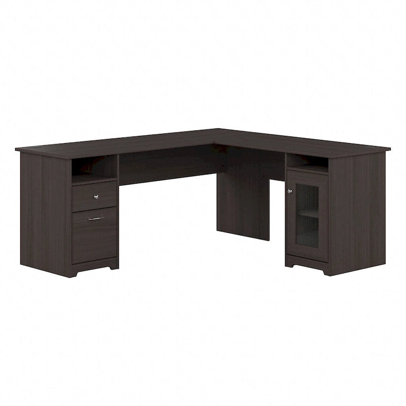 Bureau d'angle en L de 183 cm avec meuble de rangement, tiroir classeur et porte en verre, plusieurs couleurs, style transitionnel, 1 personne