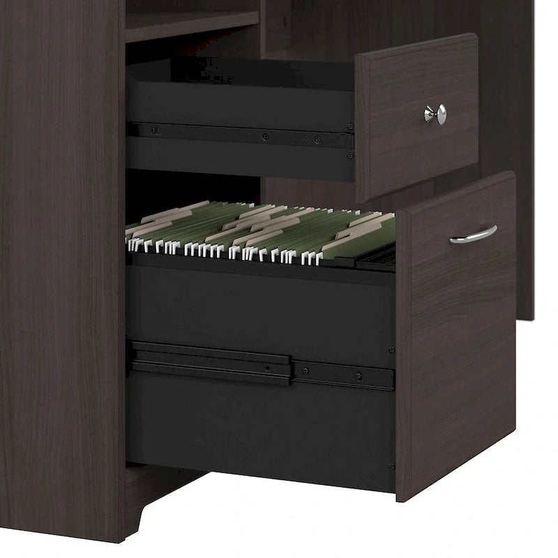 Bureau d'angle en L de 183 cm avec meuble de rangement, tiroir classeur et porte en verre, plusieurs couleurs, style transitionnel, 1 personne
