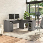 Bureau d'angle en L de 183 cm avec meuble de rangement, tiroir classeur et porte en verre, plusieurs couleurs, style transitionnel, 1 personne