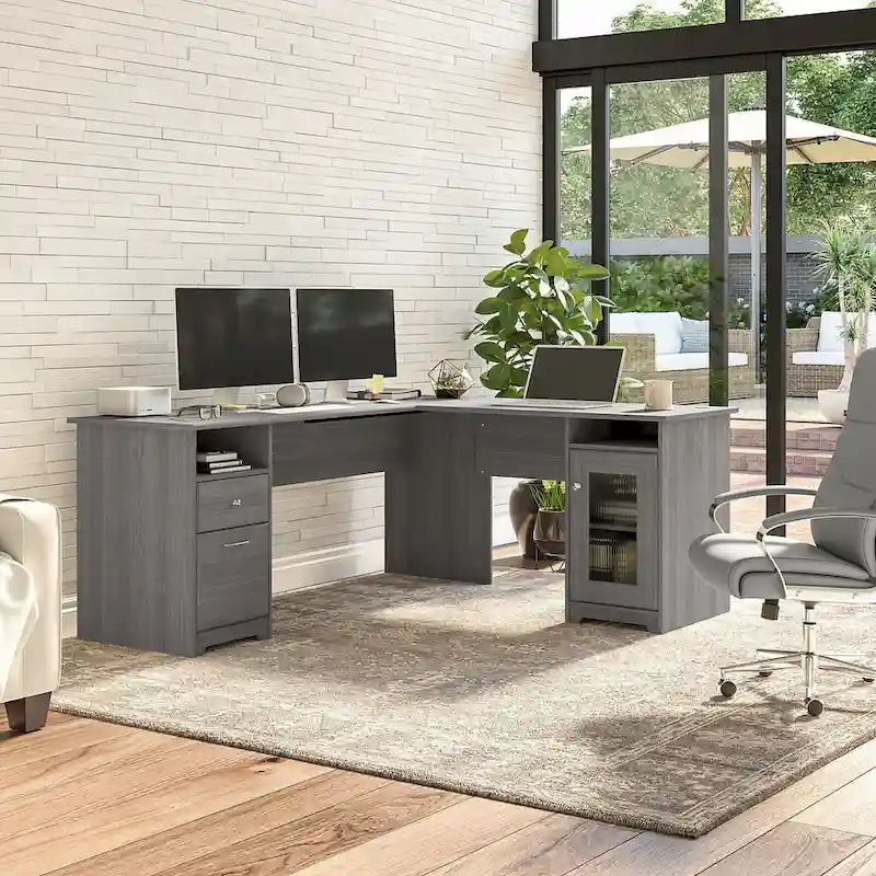 Bureau d'angle en L de 183 cm avec meuble de rangement, tiroir classeur et porte en verre, plusieurs couleurs, style transitionnel, 1 personne