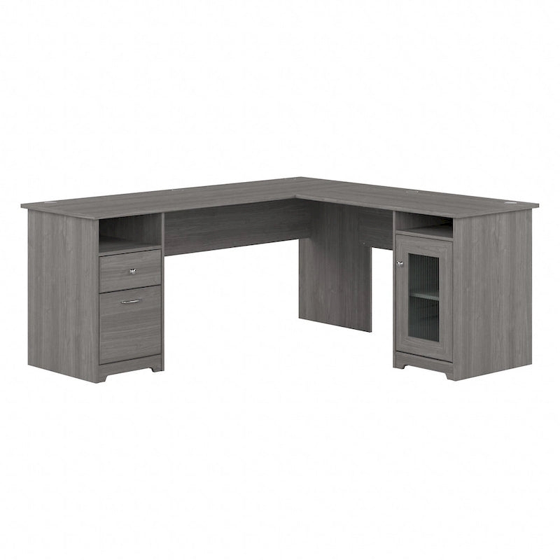 Bureau d'angle en L de 183 cm avec meuble de rangement, tiroir classeur et porte en verre, plusieurs couleurs, style transitionnel, 1 personne