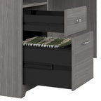 Bureau d'angle en L de 183 cm avec meuble de rangement, tiroir classeur et porte en verre, plusieurs couleurs, style transitionnel, 1 personne