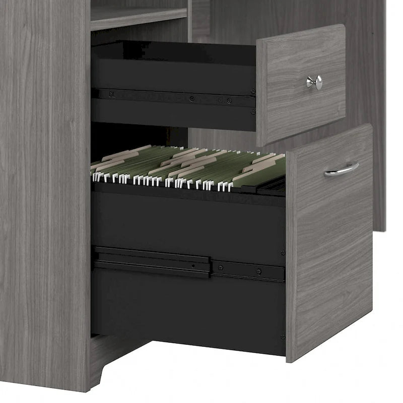 Bureau d'angle en L de 183 cm avec meuble de rangement, tiroir classeur et porte en verre, plusieurs couleurs, style transitionnel, 1 personne