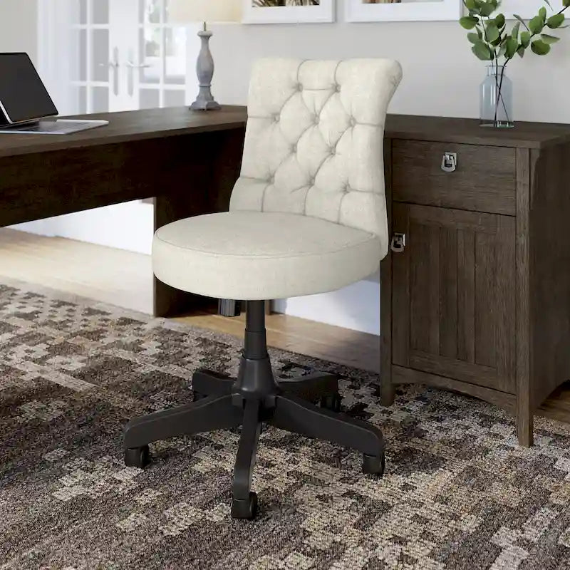 Chaise de bureau capitonnée mi-dossier, tissu crème/camel / cuir gris délavé, sans accoudoirs, 1 personne