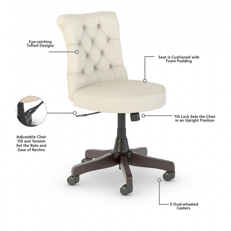 Chaise de bureau capitonnée mi-dossier, tissu crème/camel / cuir gris délavé, sans accoudoirs, 1 personne